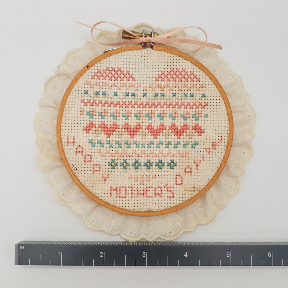 Vintage 1982 Mother's Day Cross Stitch Heart Wall Hanging Lace Cottagecore Decor